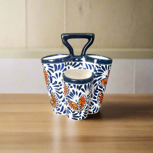 Talavera Utensil Holder - Blue & White Butterfly