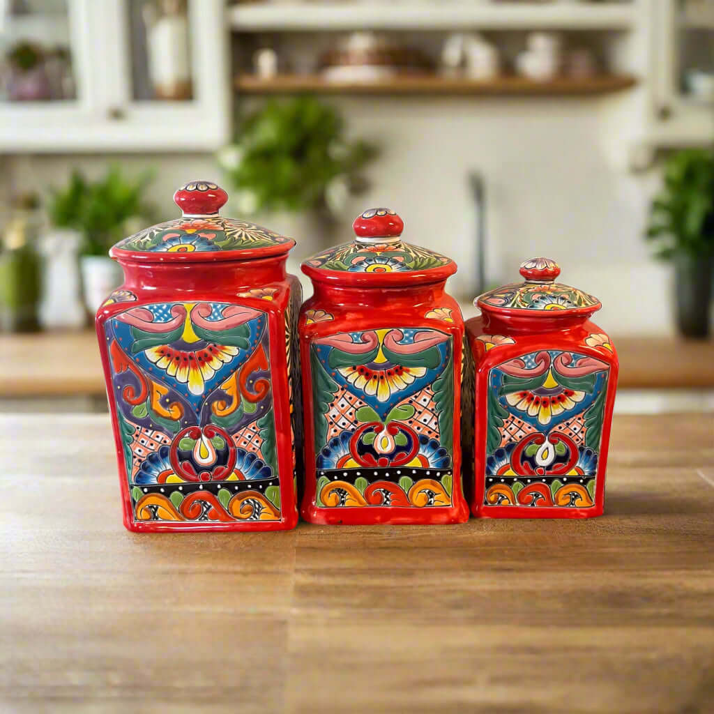 Talavera Red Canister Set | Mexican Ceramic Jars
