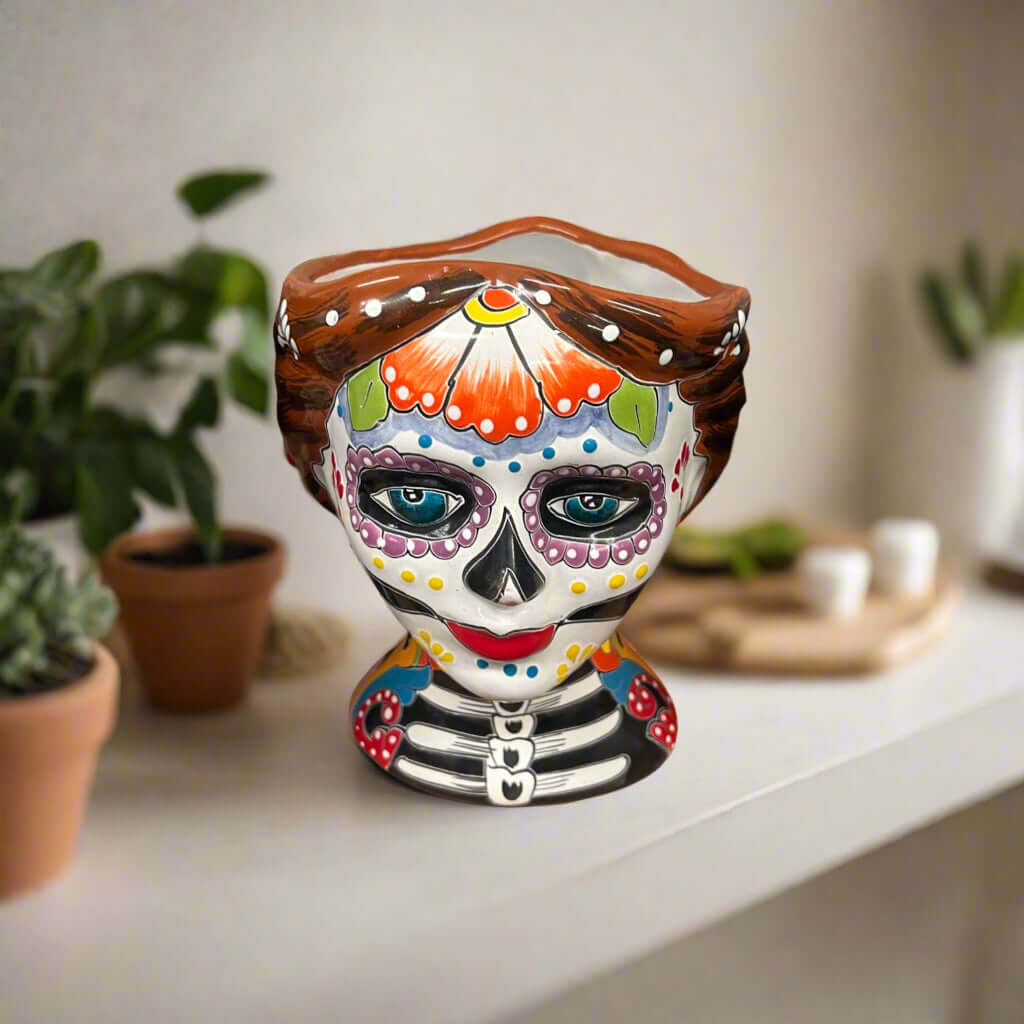 Talavera Skull Planter – Hand-Painted Day of the Dead Pot
