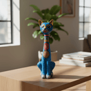 Front view of a tall hand-painted ceramic Alebrije cat statue on a tabletop