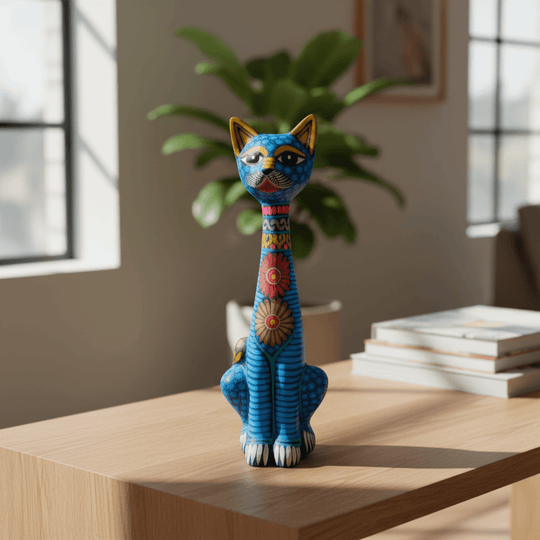 Front view of a tall hand-painted ceramic Alebrije cat statue on a tabletop