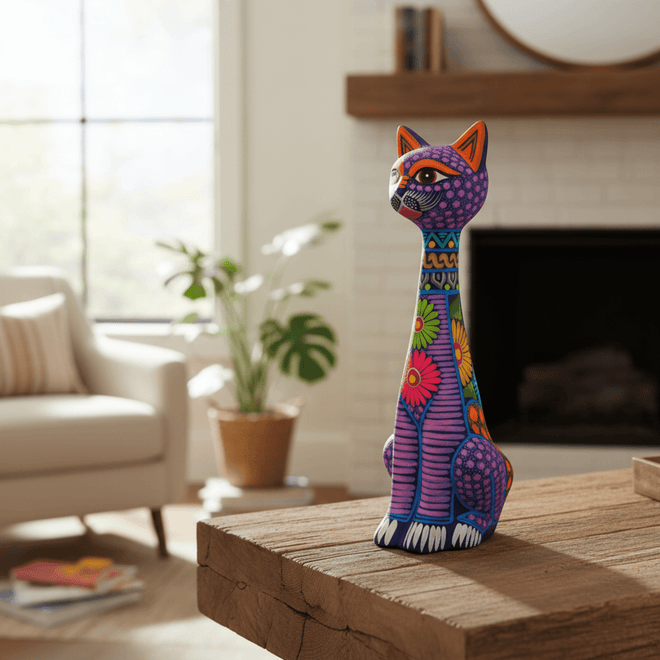 Side view of a tall multicolor ceramic Alebrije cat statue with floral folk-art patterns