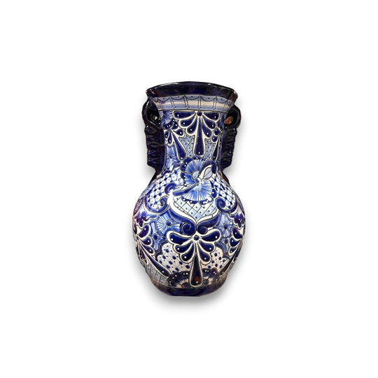 Alt Tag: Tall Talavera Vase | Blue Rim Mexican Pottery - 24-inch hand-painted Talavera vase with blue rim, floral scrollwork, kiln-fired lead-free glaze
