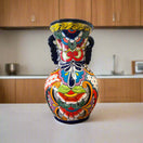 Tall Talavera Vase | Blue Rim Mexican Pottery hand-painted 24-inch floral Talavera vase with blue rim, colorful Mexican pottery
