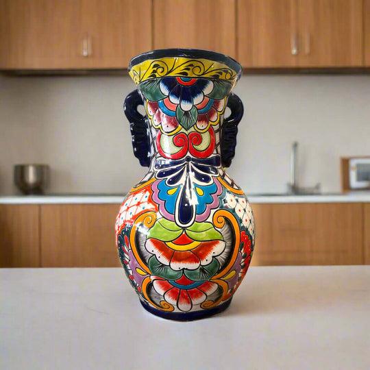 Tall Talavera Vase | Blue Rim Mexican Pottery hand-painted 24-inch floral Talavera vase with blue rim, colorful Mexican pottery