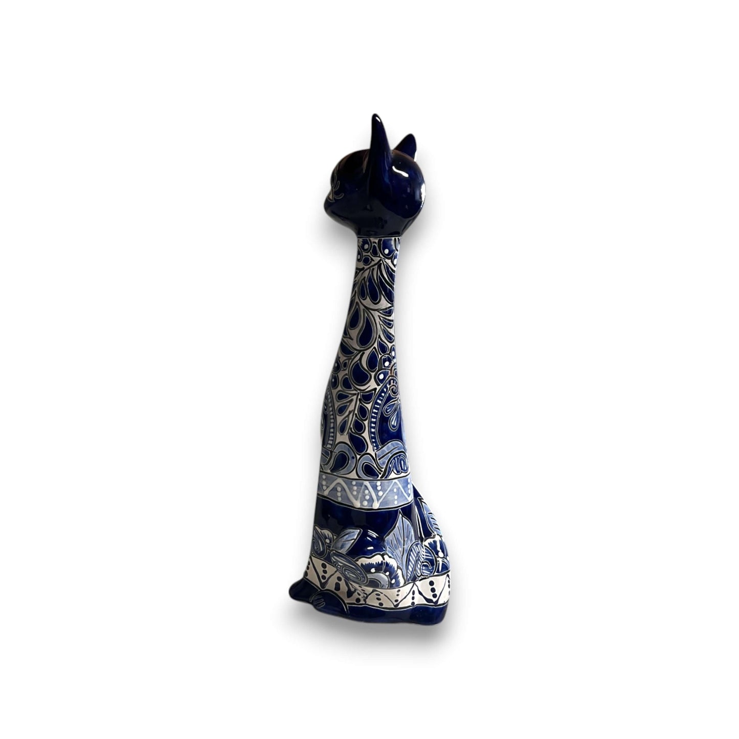 Tall Talavera Cat Statue | Handmade Blue & White Ceramic Figurine - tall handcrafted blue and white Talavera cat with floral patterns