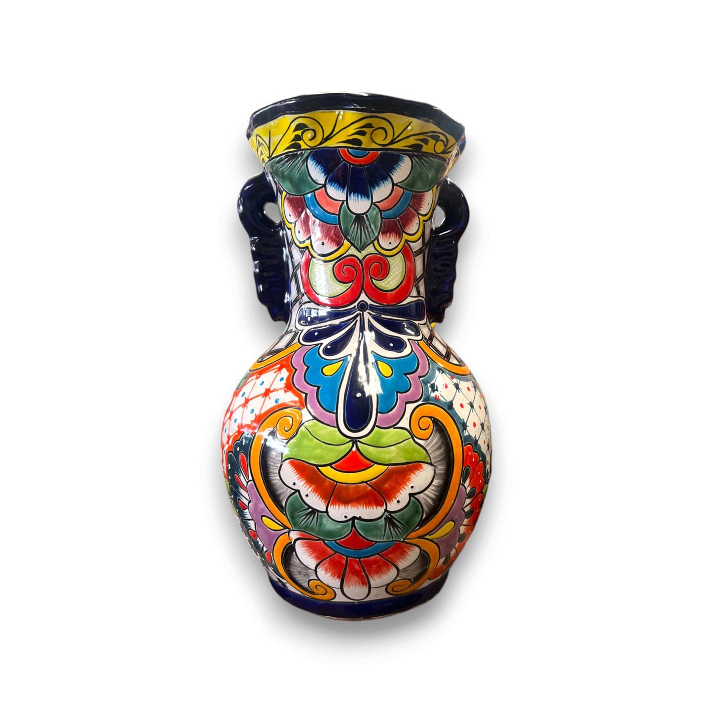 Tall Talavera Vase | Blue Rim Mexican Pottery hand-painted 24-inch floral scrollwork vase from Guanajuato, blue rim and colorful Talavera design