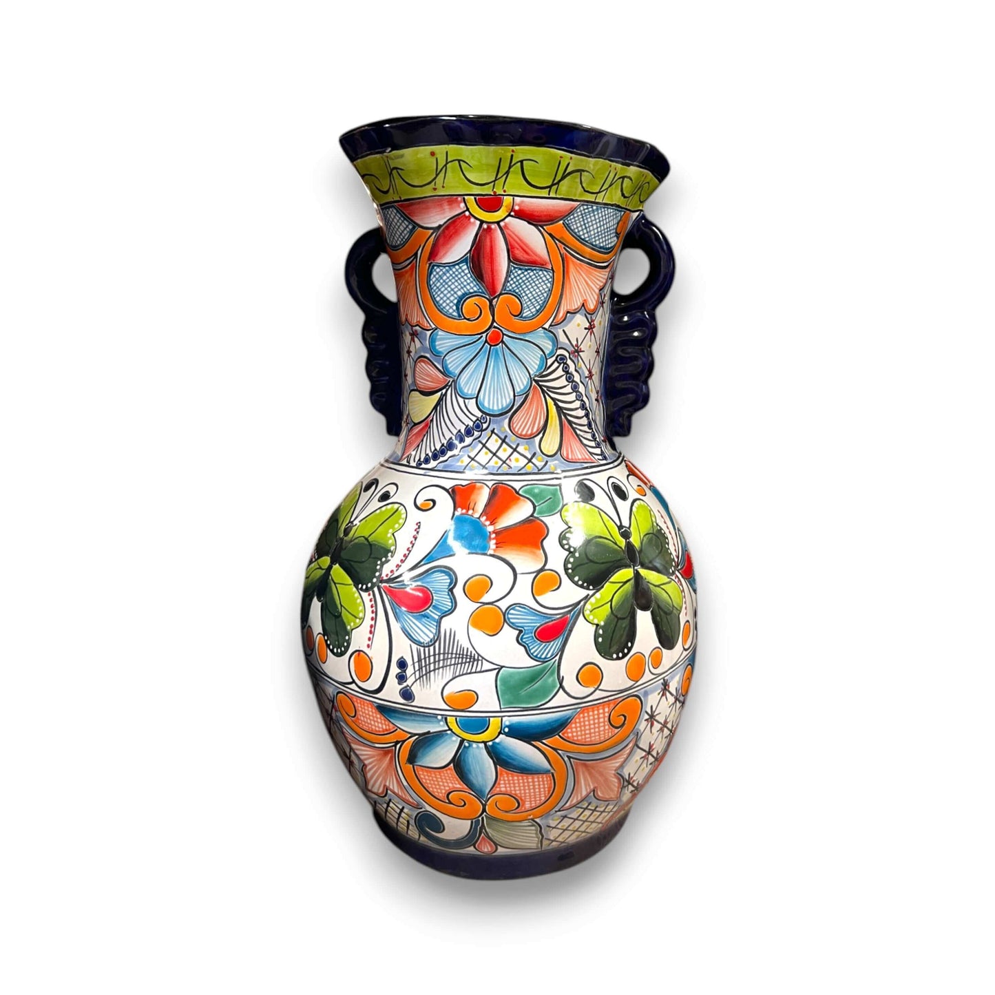 Tall Talavera Vase | Blue Rim Mexican Pottery - 24-inch hand-painted Talavera vase with floral scrollwork, blue rim and dual handles