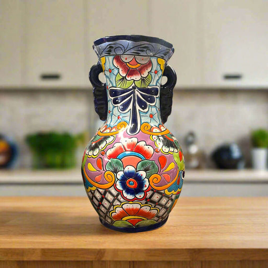 Tall Talavera Vase | Blue Rim Mexican Pottery hand-painted 24-inch floral blue-rim ceramic vase from Guanajuato, lead-free glaze