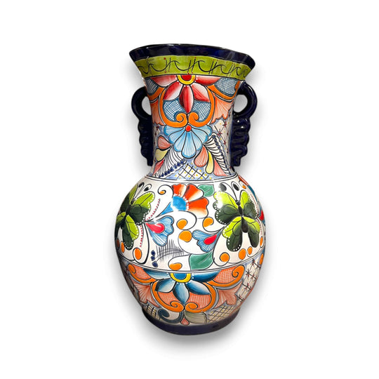 Tall Talavera Vase | Blue Rim Mexican Pottery - 24-inch hand-painted Talavera vase with floral scrollwork, blue rim and dual handles