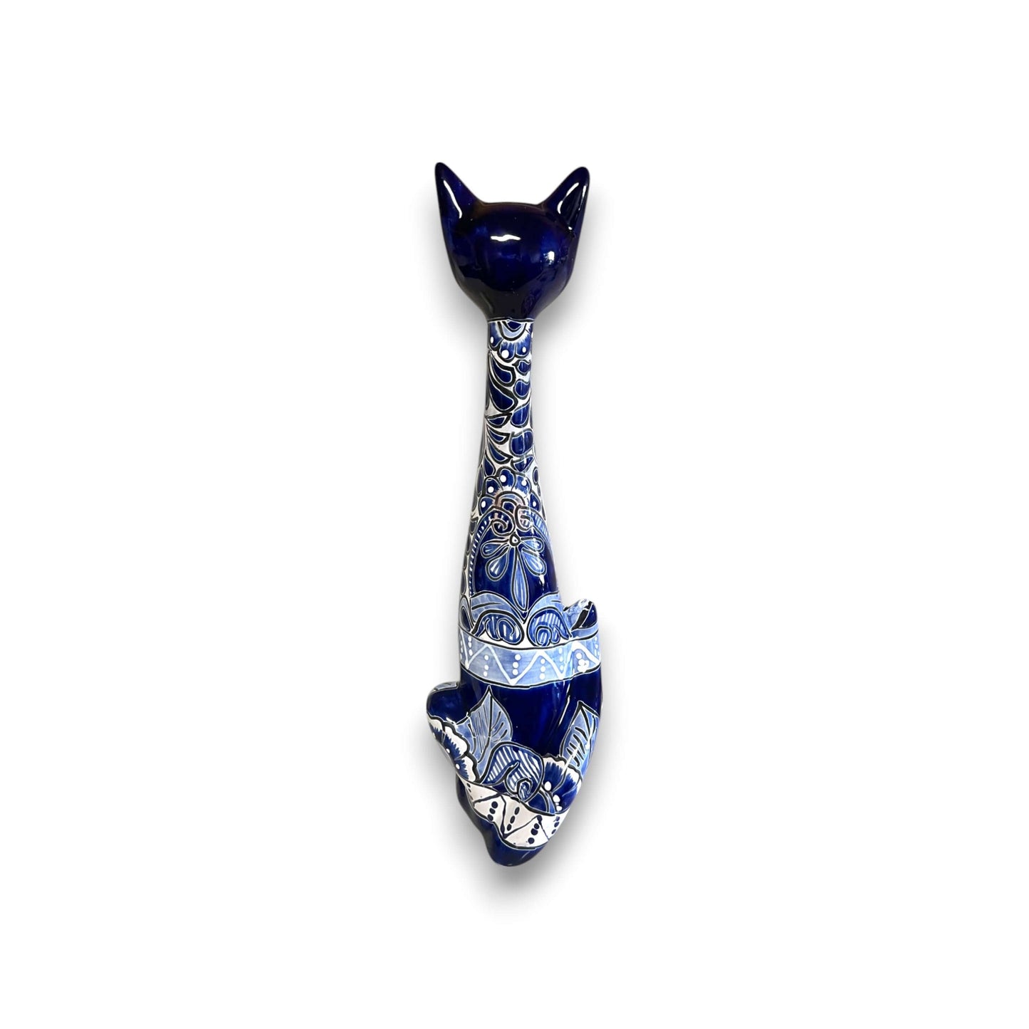 Tall Talavera Cat Statue | Handmade Blue & White Ceramic Figurine - tall hand-painted blue floral Talavera cat with elongated neck, glossy lead-free glaze