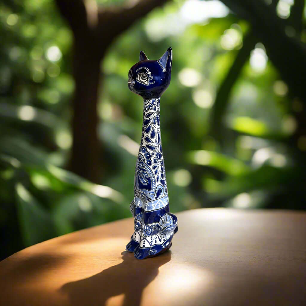 Tall Talavera Cat Statue | Handmade Blue & White Ceramic Figurine - tall hand-painted blue floral Talavera cat on wooden table