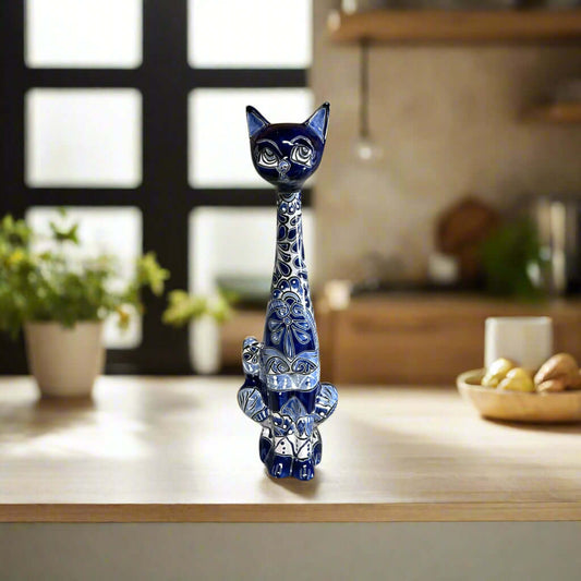 Tall Talavera Cat Statue | Handmade Blue & White Ceramic Figurine — handcrafted tall blue and white Talavera cat with intricate floral patterns