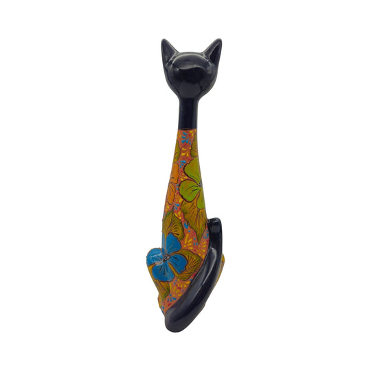 Tall Talavera Cat Statue | Floral Terracotta Design with vibrant colors and floral patterns.