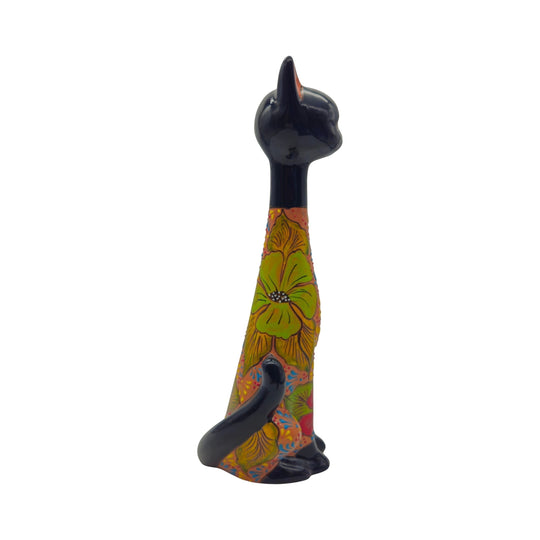Tall Talavera Cat Statue | Floral Terracotta Design with vibrant floral pattern in assorted colors.