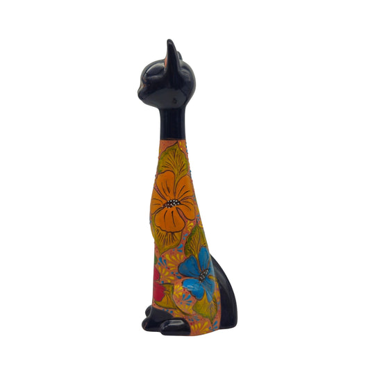 Tall Talavera Cat Statue | Floral Terracotta Design showcasing vibrant colors and floral patterns.