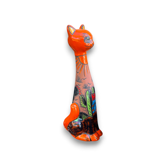 Tall Talavera Cat Statue | Mexican Terracotta Desert Design hand-painted orange ceramic cat with desert cactus motifs