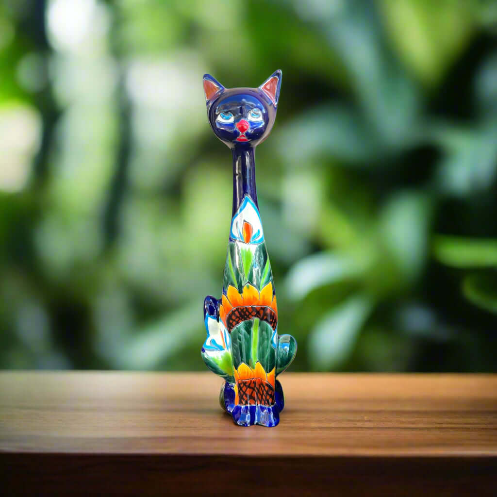 Tall Talavera Cat Statue | Mexican Sunflower Decor