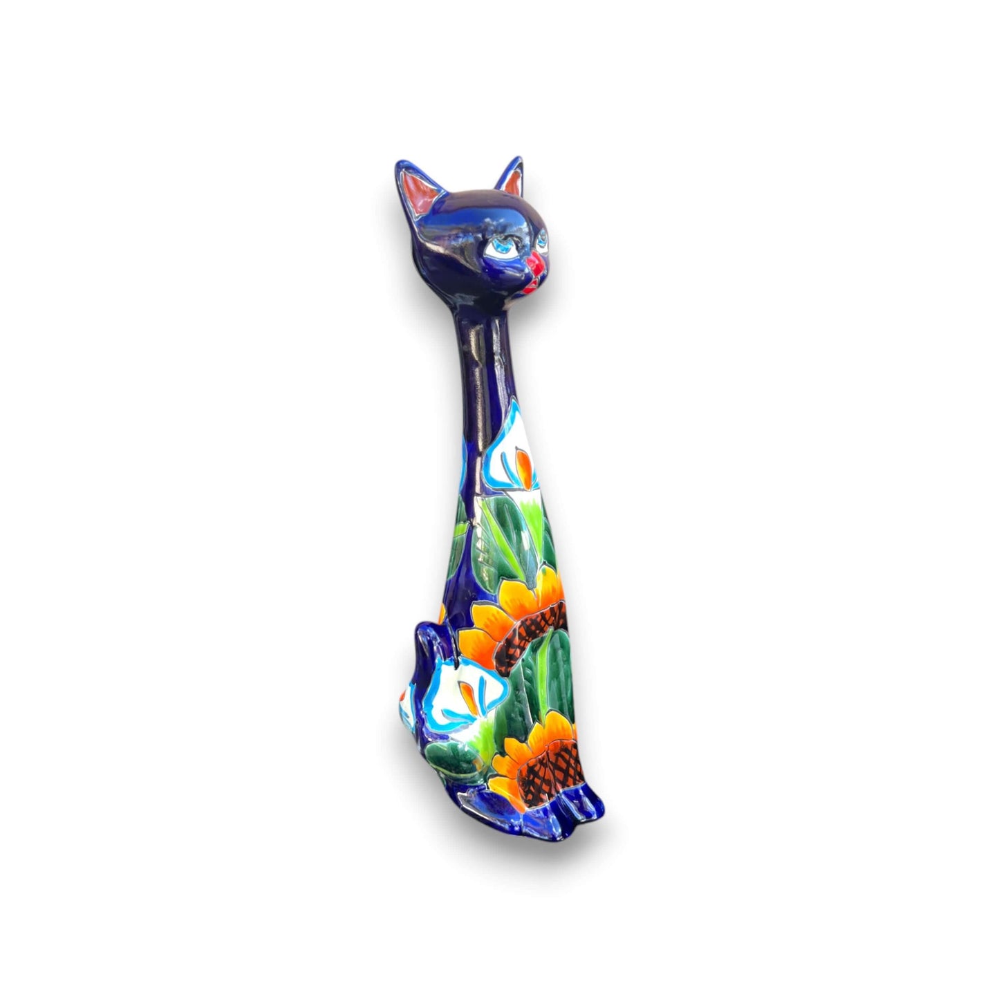 Tall Talavera Cat Statue | Handmade Mexican Sunflower Decor - hand-painted blue Talavera cat with vibrant sunflower design