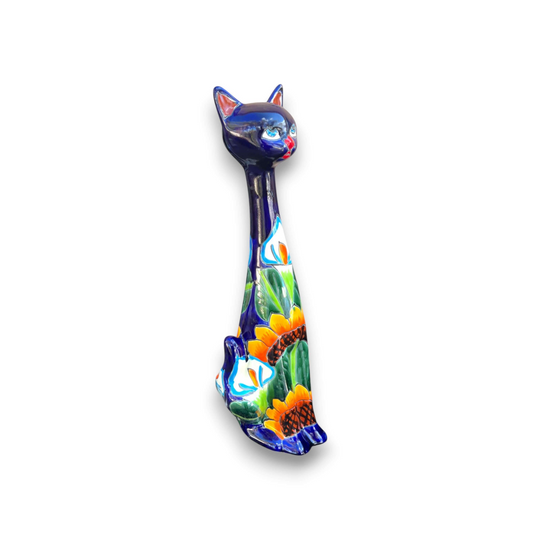 Tall Talavera Cat Statue | Handmade Mexican Sunflower Decor - hand-painted blue Talavera cat with vibrant sunflower design