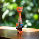 Tall Talavera Cat Statue | Mexican Terracotta Desert Design - hand-painted tall Talavera cat statue from Guanajuato with vibrant desert motifs