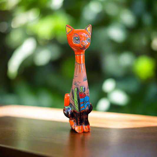 Tall Talavera Cat Statue - Mexican Artistry