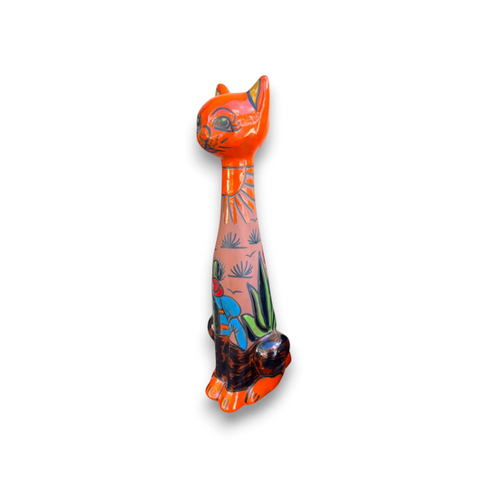 Tall Talavera Cat Statue | Mexican Terracotta Desert Design - hand-painted tall orange ceramic cat from Guanajuato, intricate desert motifs