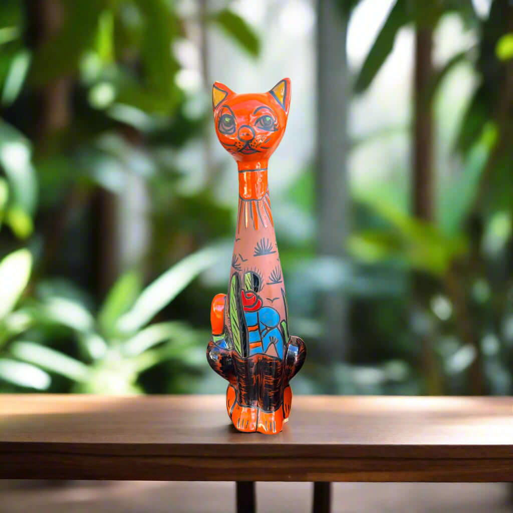Tall Talavera Cat Statue - Mexican Artistry