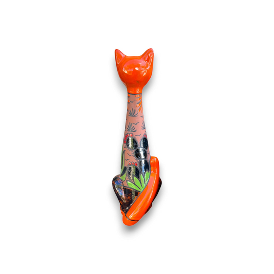 Tall Talavera Cat Statue | Mexican Terracotta Desert Design handcrafted tall ceramic cat with bright orange head, painted desert motifs and glossy lead-free glaze