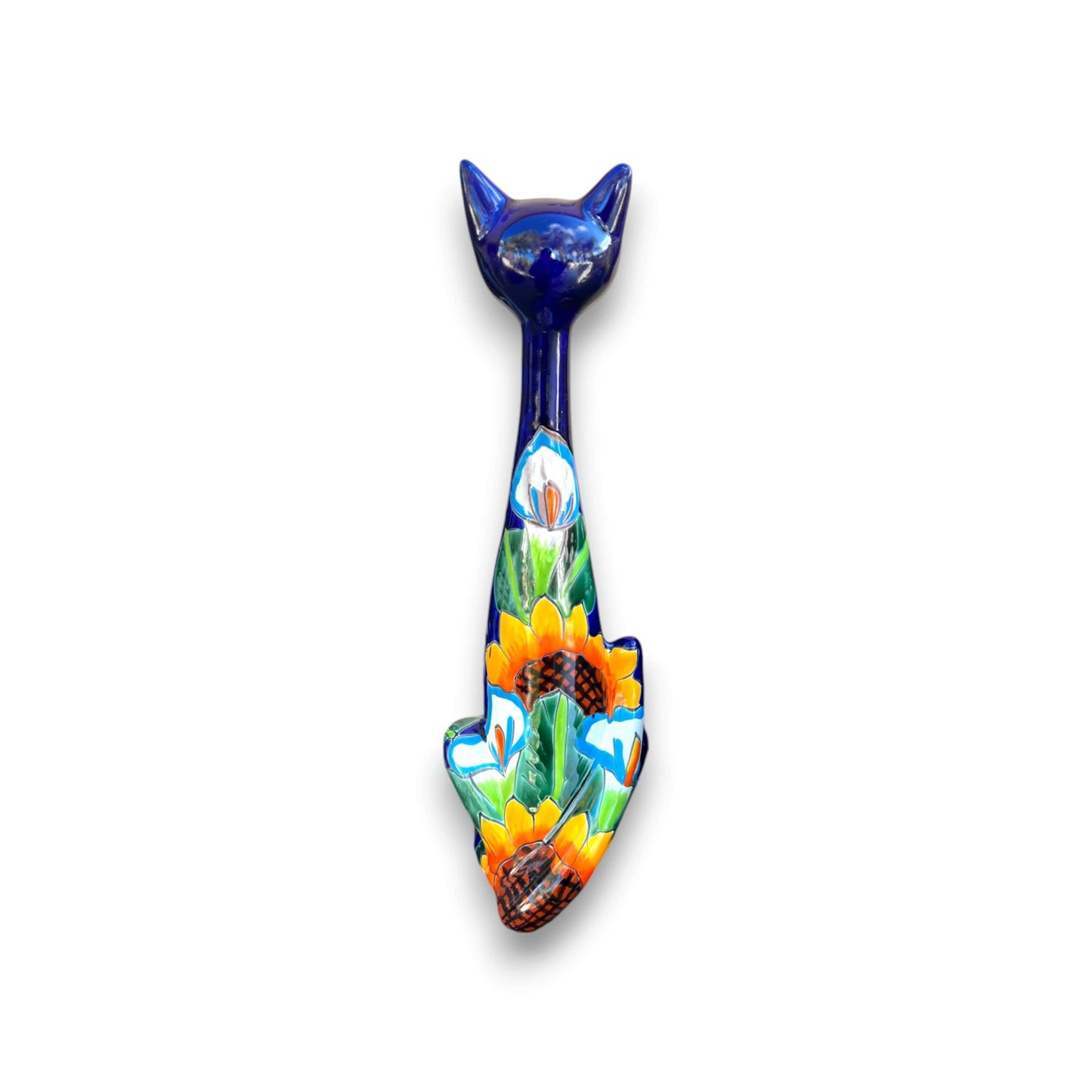 Tall Talavera Cat Statue | Handmade Mexican Sunflower Decor - hand-painted blue Talavera cat with vibrant sunflower design, kiln-fired lead-free glaze