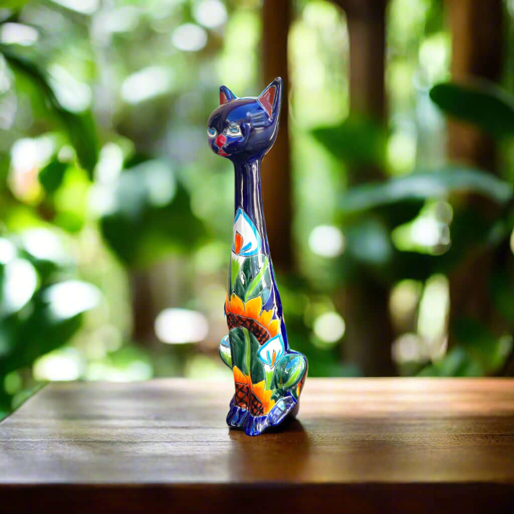 Tall Talavera Cat Statue | Handmade Mexican Sunflower Decor - hand-painted blue Talavera cat with sunflower design, kiln-fired lead-free glaze