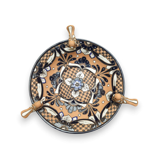 Terracotta Talavera Bird Bath | Black & Blue Hand-Painted Design - hand-painted terracotta bird bath with black and blue floral pattern and sculpted rim birds