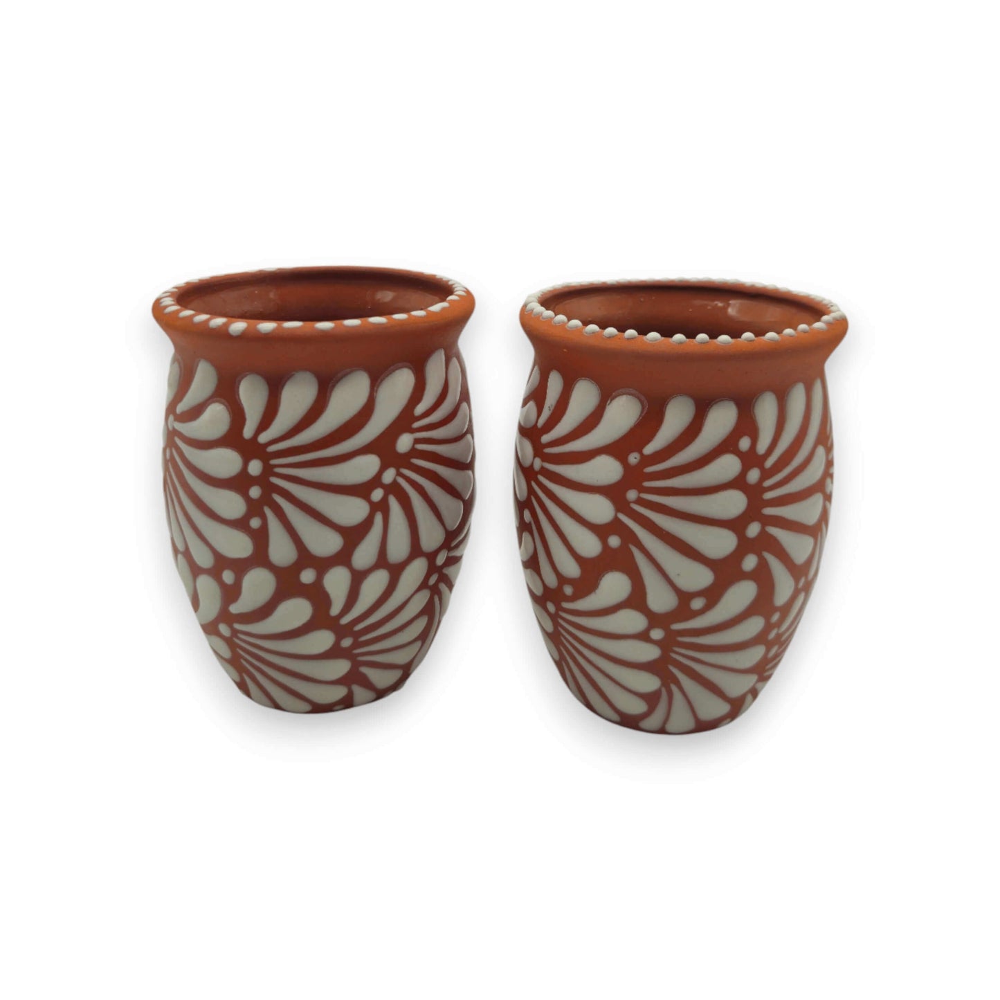 Terracotta Relief Cantarito | Handcrafted Mexican Pottery Cup - pair of hand-painted terracotta cups with white floral relief from Guanajuato artisans