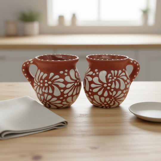 Two terracotta mugs with white floral patterns on a wooden table.