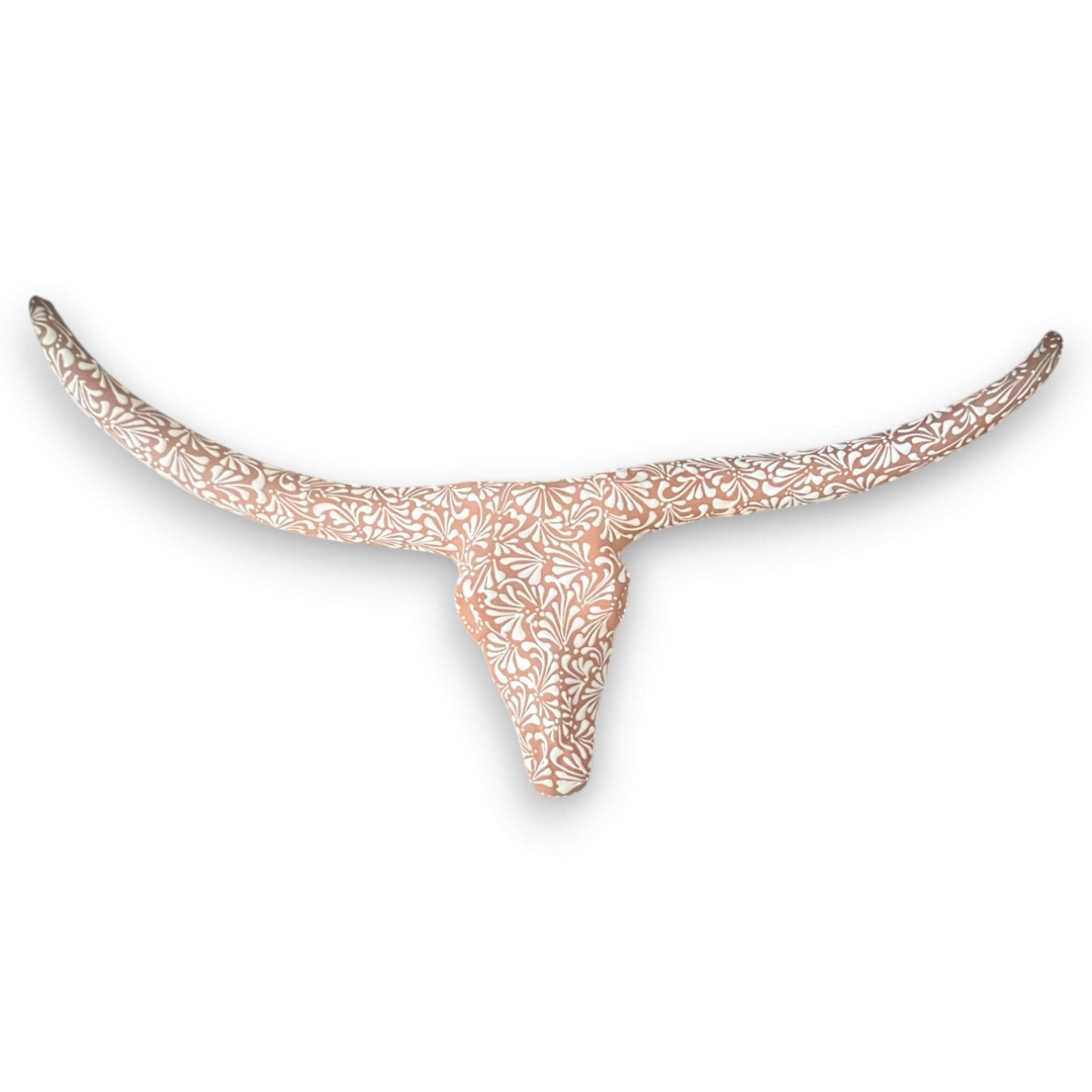 Terracotta Longhorn Wall Art | Hand-Painted Mexican Bull Skull - hand-painted terracotta bull skull with white floral pattern, kiln-fired lead-free glaze
