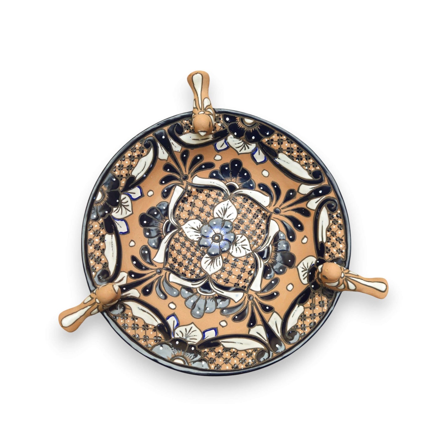 Terracotta Talavera Bird Bath | Black & Blue Hand-Painted Design - hand-painted terracotta bird bath with black and blue floral pattern and sculpted rim birds