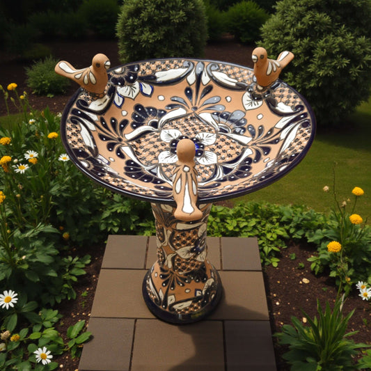 Terracotta Talavera Bird Bath | Black & Blue Hand-Painted Design - hand-painted terracotta bird bath with black and blue floral pattern and sculpted birds