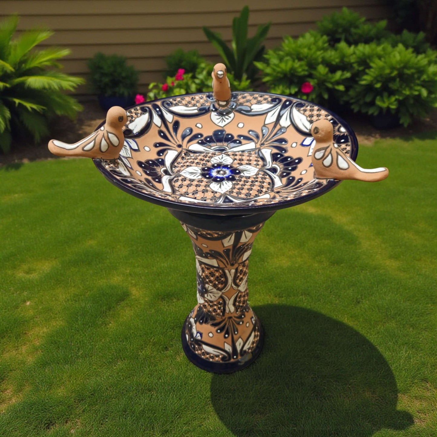 Terracotta Talavera Bird Bath | Black & Blue Hand-Painted Design - hand-painted terracotta bird bath with sculpted birds and blue floral Talavera pattern