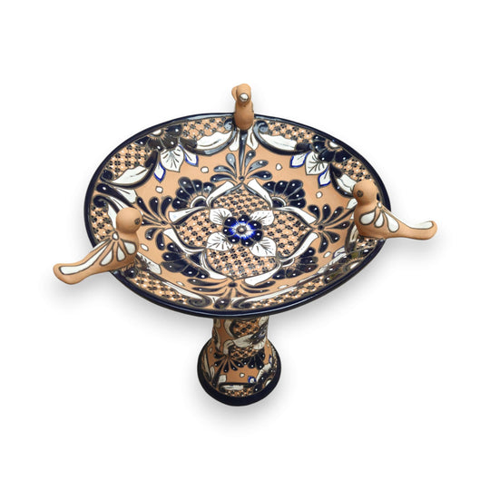 Terracotta Talavera Bird Bath | Black & Blue Hand-Painted Design hand-painted terracotta bird bath with sculpted birds and black blue floral pattern