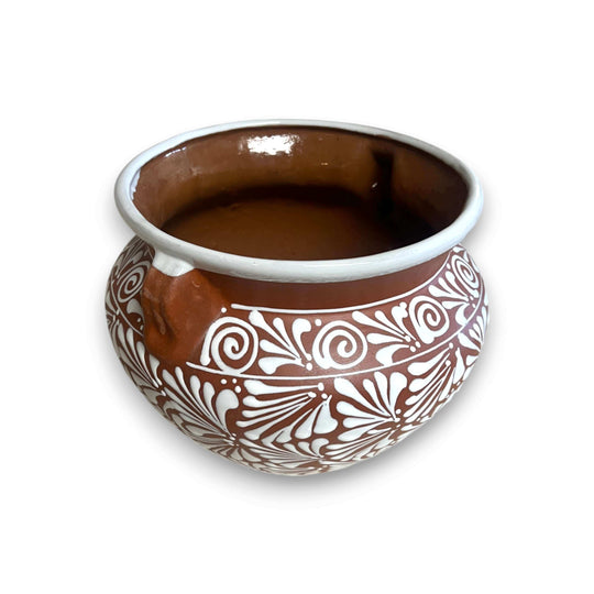 Terracotta Talavera Flower Pot | Brown & White Mexican Planter - hand-painted terracotta pot with white floral Talavera design