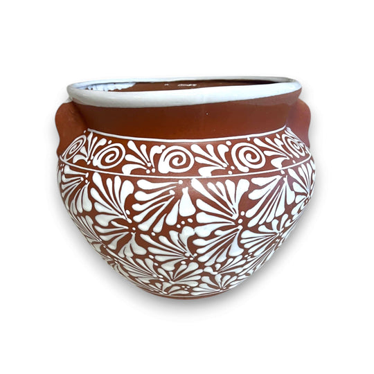 Terracotta Talavera Flower Pot | Brown & White Mexican Planter hand-painted terracotta pot with white floral Talavera design