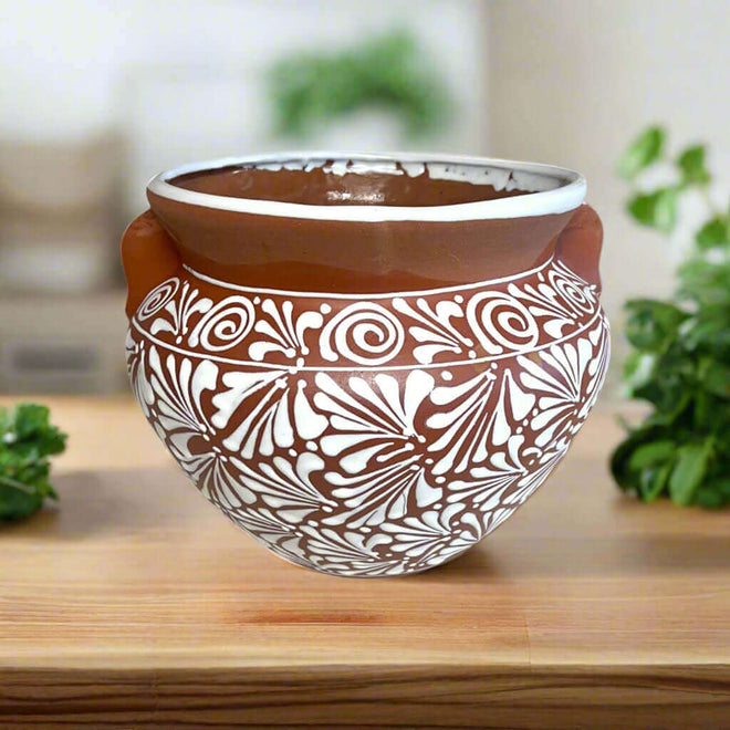 Terracotta Talavera Flower Pot | Brown & White Mexican Planter hand-painted floral terracotta planter from Guanajuato, Mexico