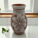 Terracotta Talavera Vase | Mexican Hand-Painted Pot showcasing warm clay tone with white floral Talavera design, hand-painted, kiln-fired, rustic decor