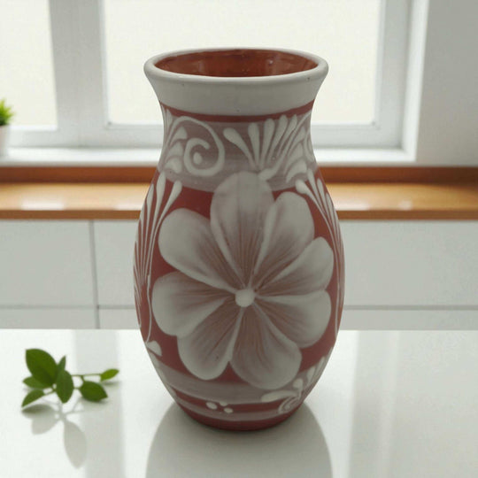 Terracotta Talavera Vase | Mexican Hand-Painted Pot showcasing warm clay tone with white floral Talavera design, hand-painted, kiln-fired, rustic decor
