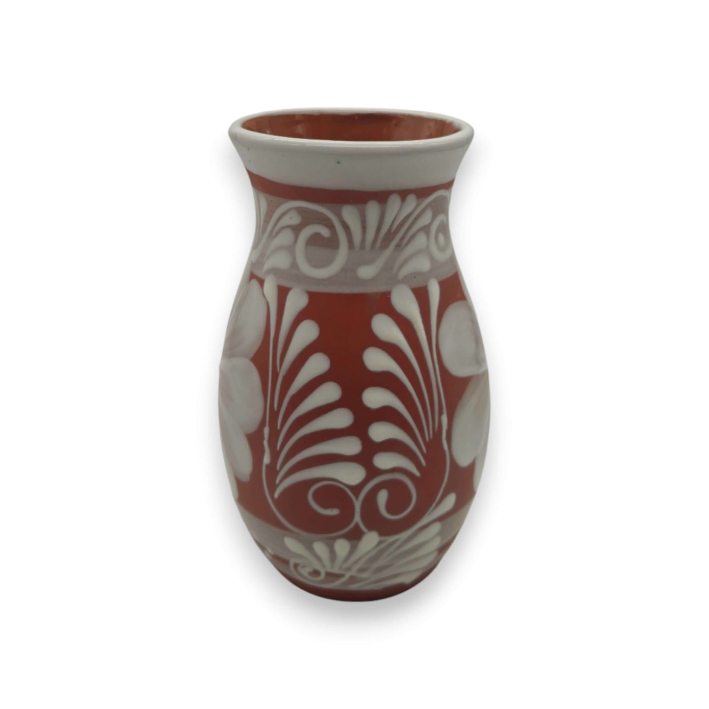 Terracotta Talavera Vase | Mexican Hand-Painted Pot - hand-painted terracotta vase with white floral Talavera motif, rustic Guanajuato craft