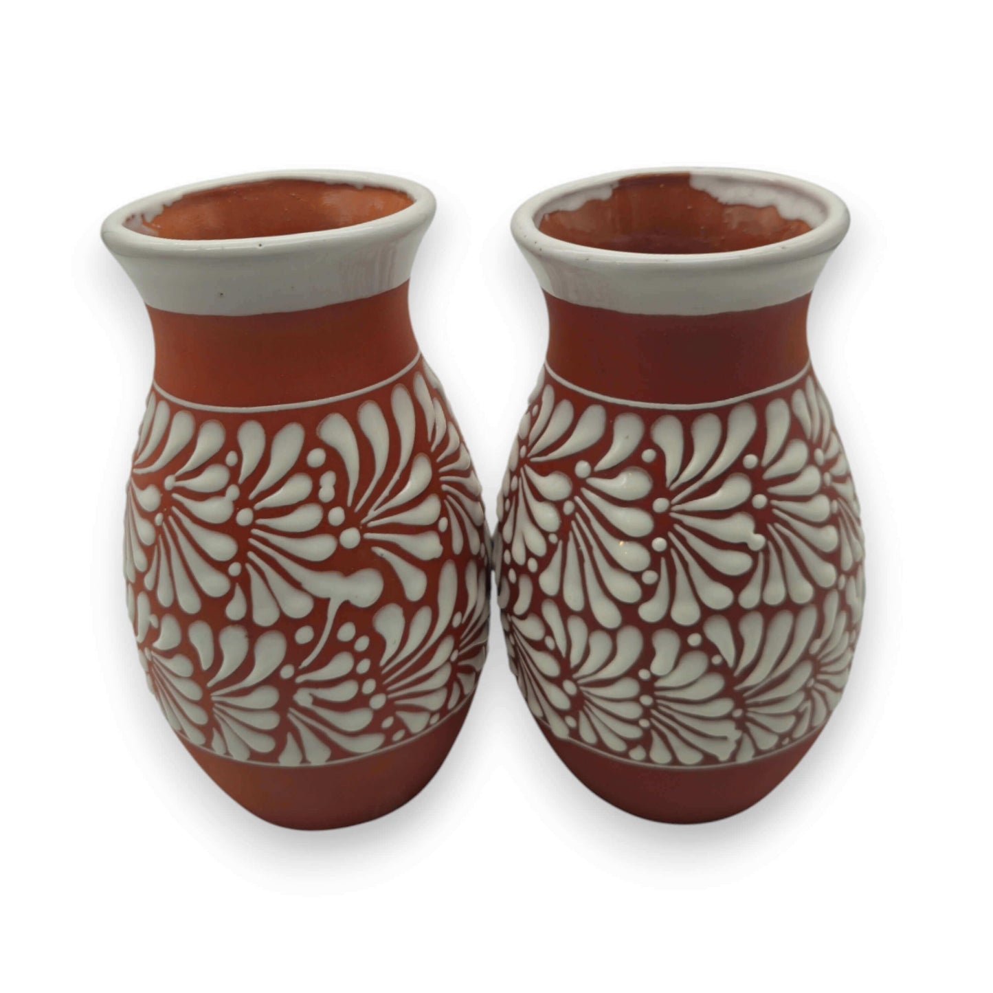 Terracotta Talavera Vase | Mexican Hand-Painted Pot - pair of hand-painted terracotta vases with white floral Talavera motifs