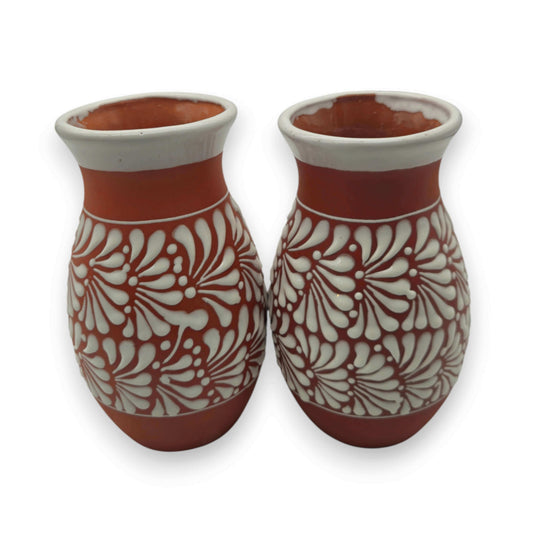 Terracotta Talavera Vase | Mexican Hand-Painted Pot - pair of hand-painted terracotta vases with white floral Talavera motifs