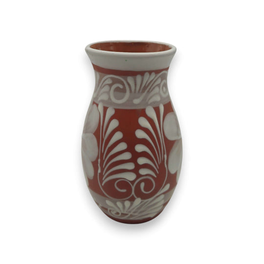 Terracotta Talavera Vase | Mexican Hand-Painted Pot - hand-painted terracotta vase with white floral Talavera motif, rustic Guanajuato craft