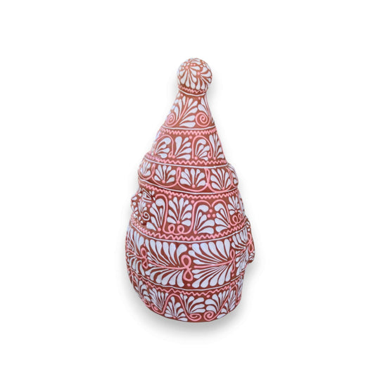 Terracotta Talavera Santa | Handcrafted Holiday Statue — large hand-painted terracotta Santa with white floral motifs and star cutouts