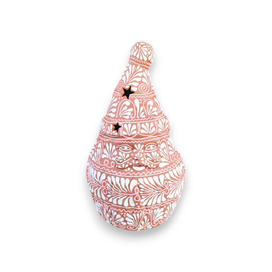 Terracotta Talavera Santa | Handcrafted Holiday Statue in hand-painted terracotta with white floral motifs and star cutouts, kiln-fired lead-free glaze